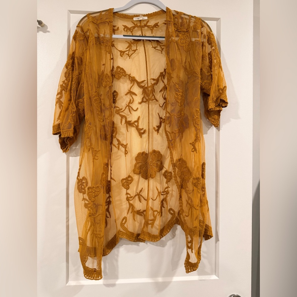 Maurices Mustard Sheer Embroidered Kimono Tunic